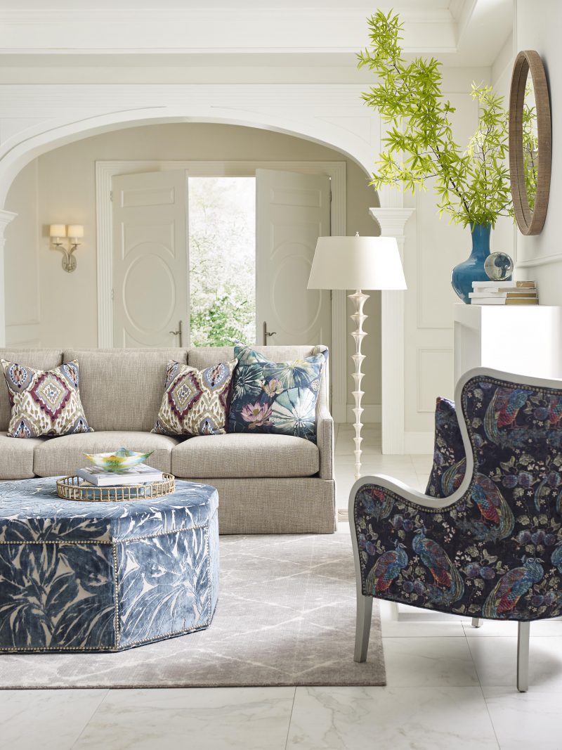 Greer Skirted Sofa, Nadine Wing Chair, Nevan Ottoman