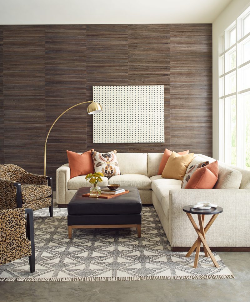 Heath Sectional, Rouen Chair, Vesper Rectangular Ottoman
