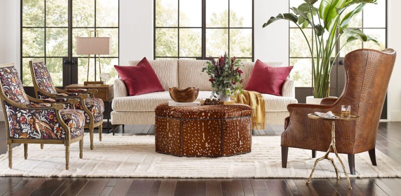 Lauren Bronze Bench Cushion Sofa, Pascal Bergere Chair, Jameson Wing Chair, Nessa Ottoman