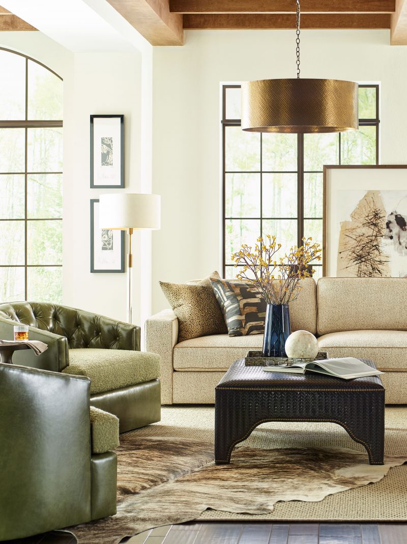 Max Sectional, Bardot Tufted Swivel Chair, Kai Rectangular Ottoman