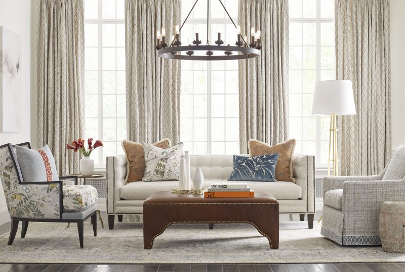 Royce Bench Cushion Sofa, Felicity Wing Chair, Everley Skirted Chair, Kai Rectangular Ottoman