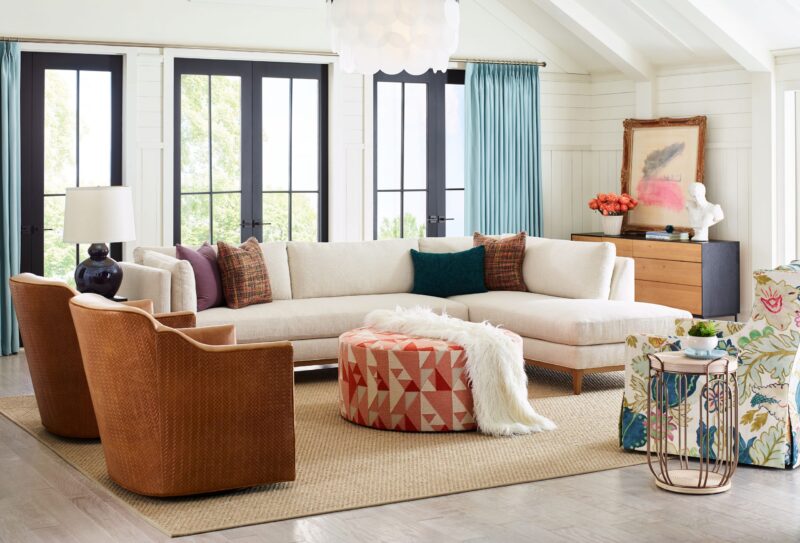 Vesper Sectional, Kylie Swivel Chair, Greer Skirted Chair, Nevan Ottoman