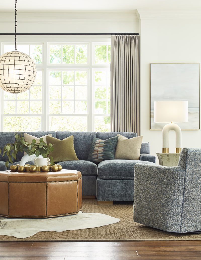 Custom Choices Sectional, Ken Swivel Chair, Nessa Ottoman