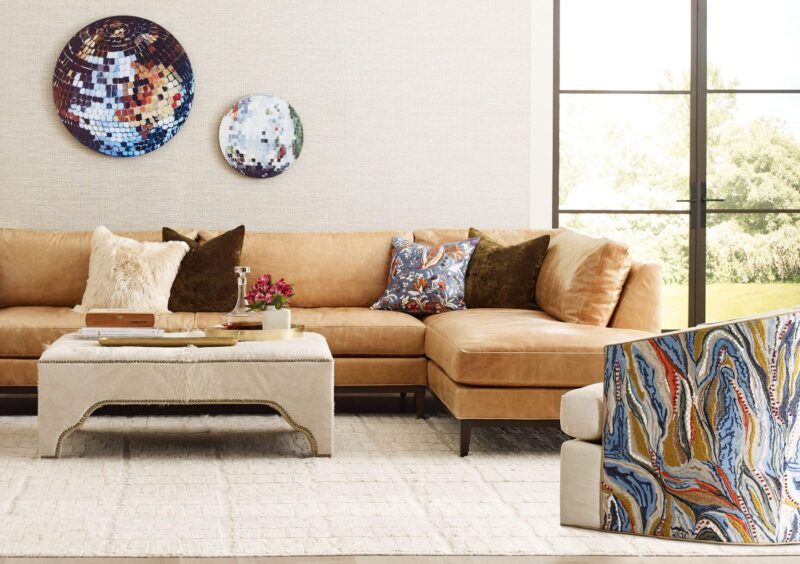 Vesper Sectional, Bardot Tufted Swivel Chair, Kai Rectangular Ottoman