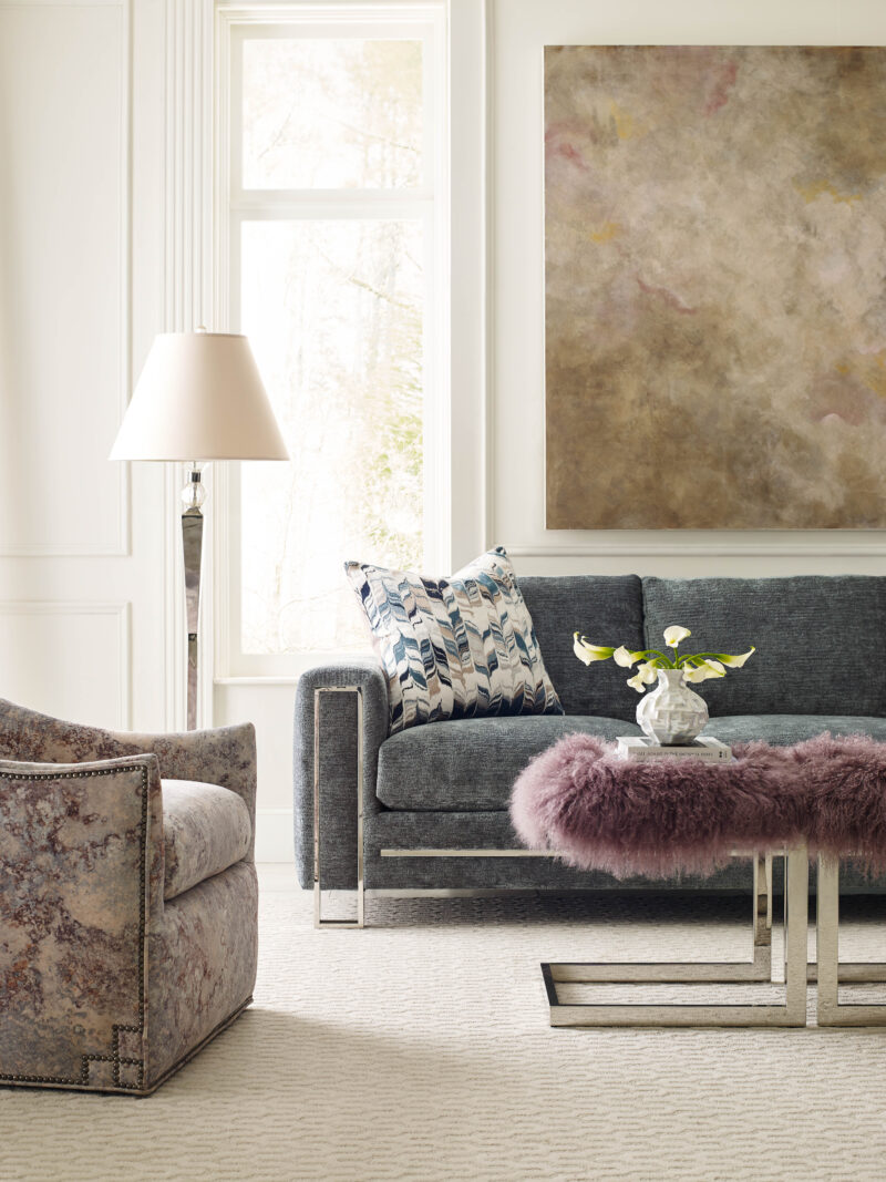 Moda Chrome Sofa, Khloe Swivel Chair, Joss Chrome Ottoman