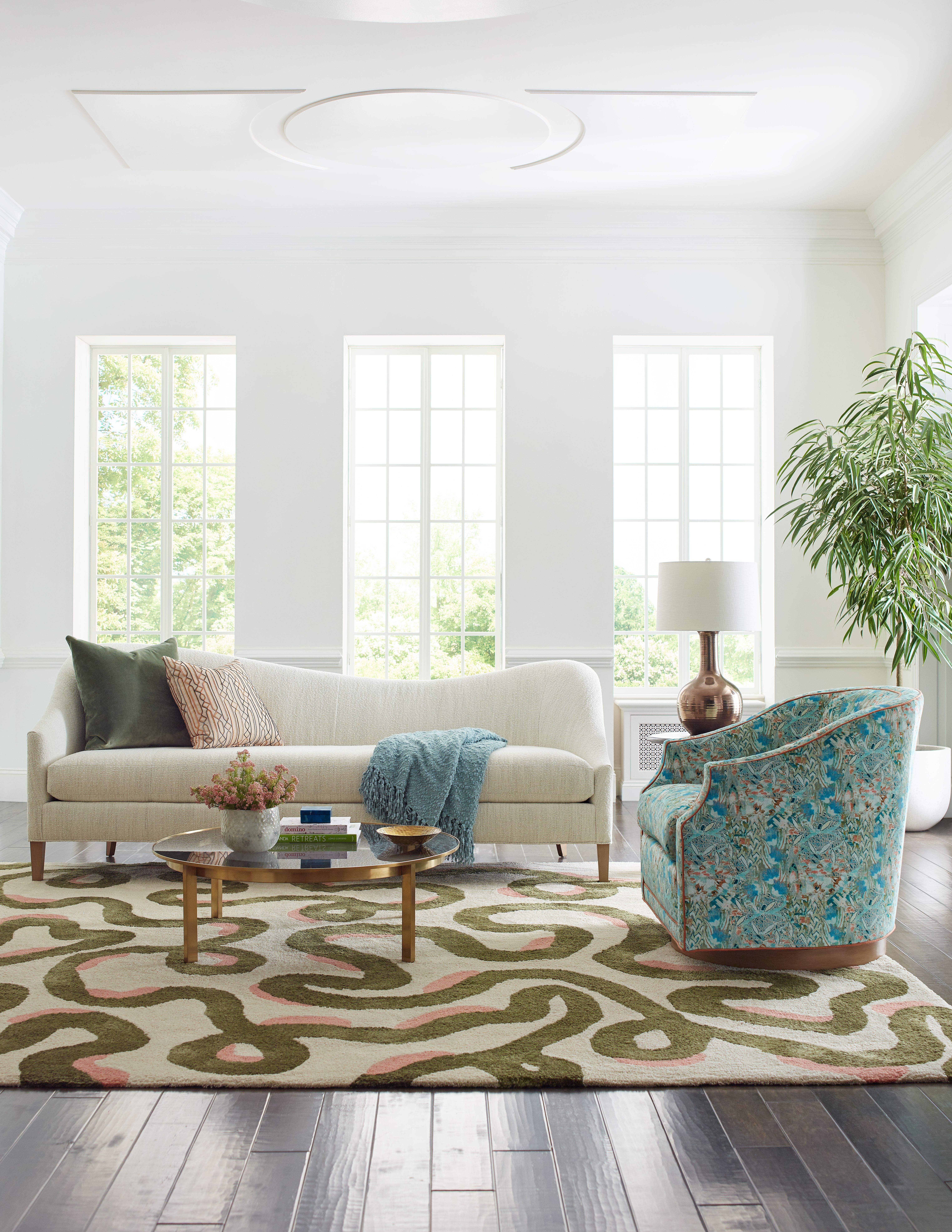 Elle Left Arm Sofa, Carly Wood Swivel Chair