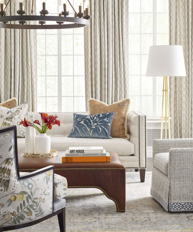 Royce Bench Cushion Sofa, Felicity Wing Chair, Everley Skirted Chair, Kai Rectangular Ottoman