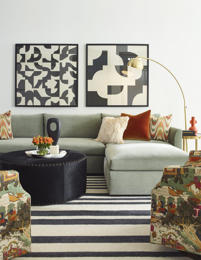 Zoe Sectional, Carly Wood Swivel Chair, Nevan Ottoman