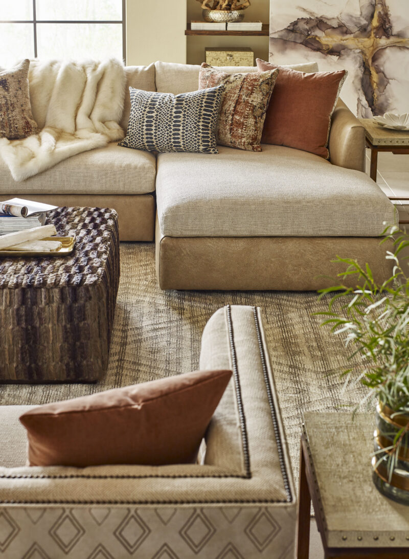 Zane Sectional, Royce Chair, Westby Large Rectangular Ottoman